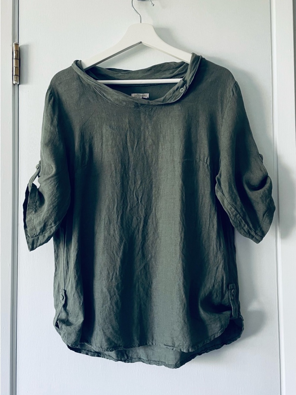 Lina Tomei 100% Linen Top Italy Made Relaxed Lagenlook Cowl Neck Sage Green L